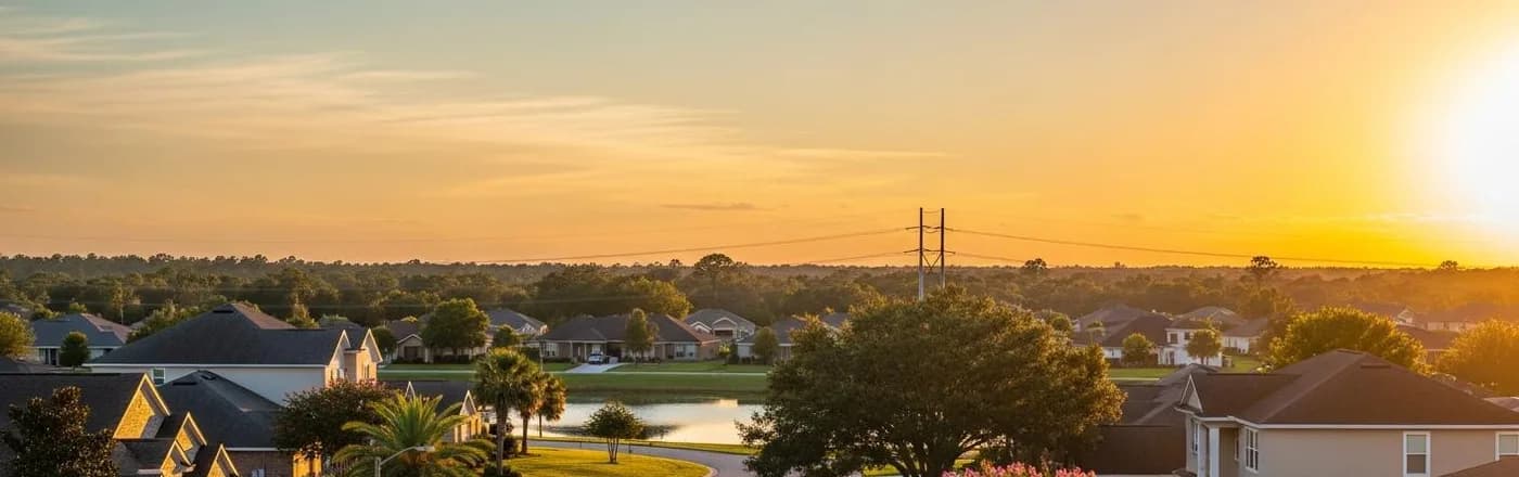 A Brandon neighborhood with a community lake at sunset