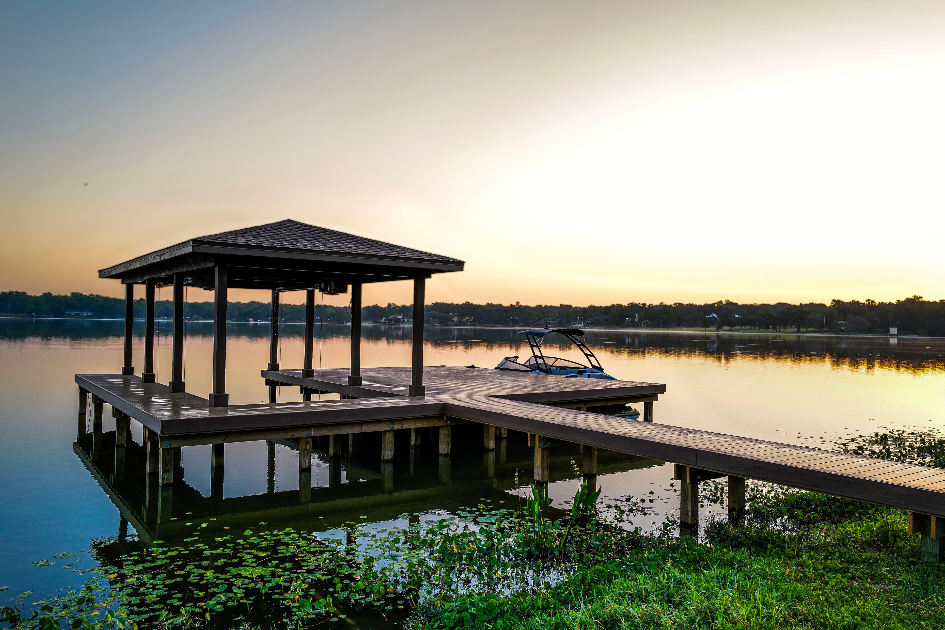 Premium dock with covered pavilion at sunset
