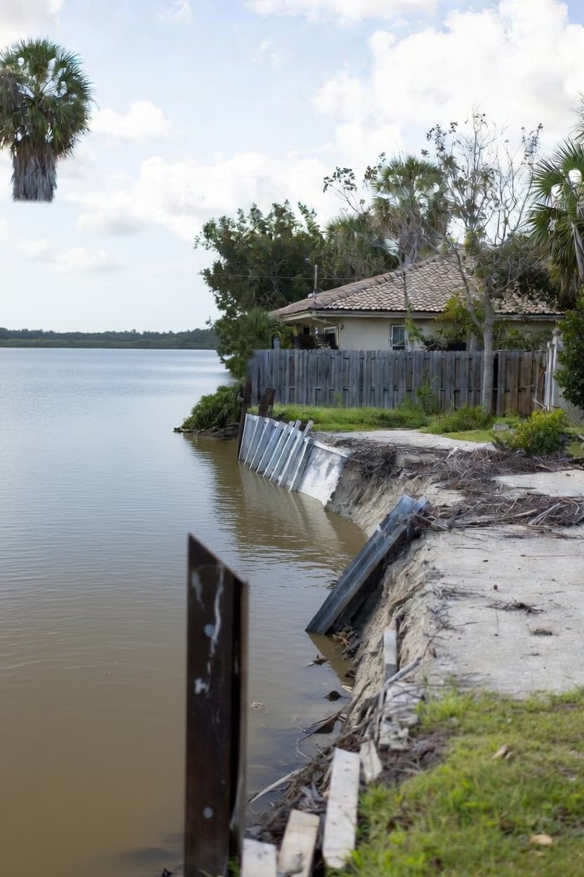 Failed seawall showing cracking and structural damage — Polk County lake