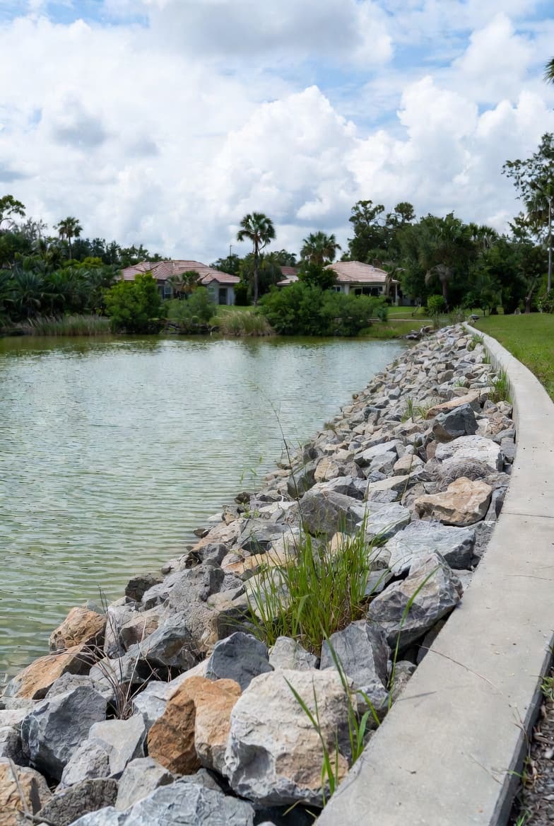 Riprap shoreline installation on a Polk County lake — limestone rock erosion control